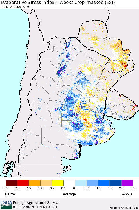 Southern South America Evaporative Stress Index (ESI), 4-Weeks over Croplands Thematic Map For 7/8/2019 - 7/14/2019