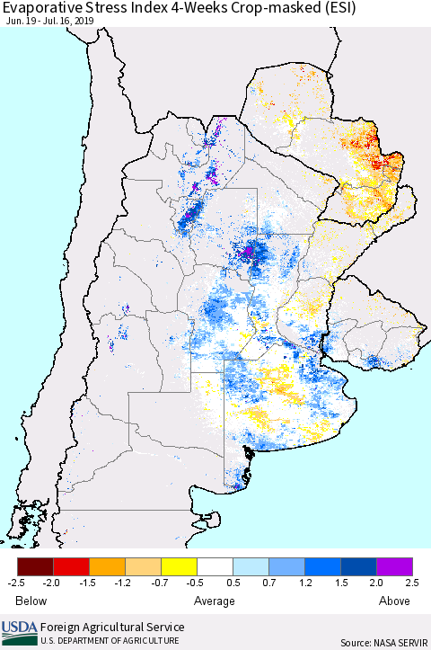 Southern South America Evaporative Stress Index (ESI), 4-Weeks over Croplands Thematic Map For 7/15/2019 - 7/21/2019
