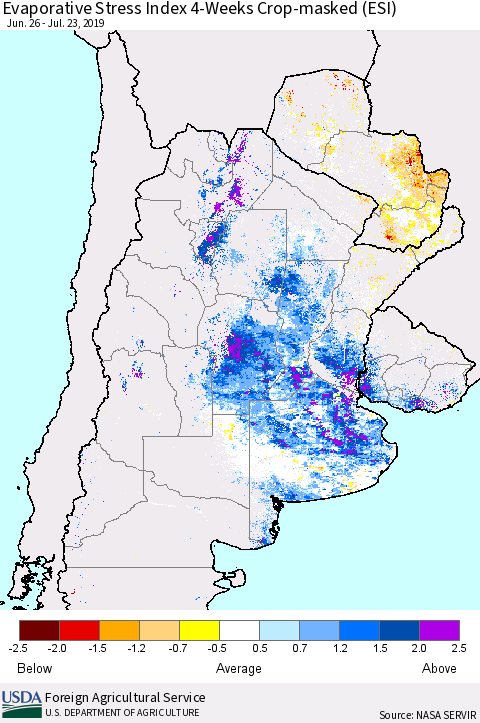 Southern South America Evaporative Stress Index (ESI), 4-Weeks over Croplands Thematic Map For 7/22/2019 - 7/28/2019