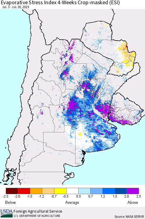 Southern South America Evaporative Stress Index (ESI), 4-Weeks over Croplands Thematic Map For 7/29/2019 - 8/4/2019