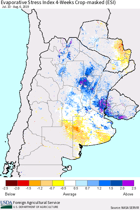 Southern South America Evaporative Stress Index (ESI), 4-Weeks over Croplands Thematic Map For 8/5/2019 - 8/11/2019