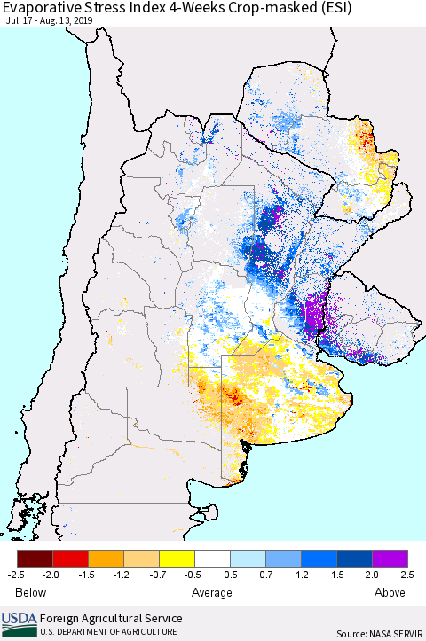 Southern South America Evaporative Stress Index (ESI), 4-Weeks over Croplands Thematic Map For 8/12/2019 - 8/18/2019