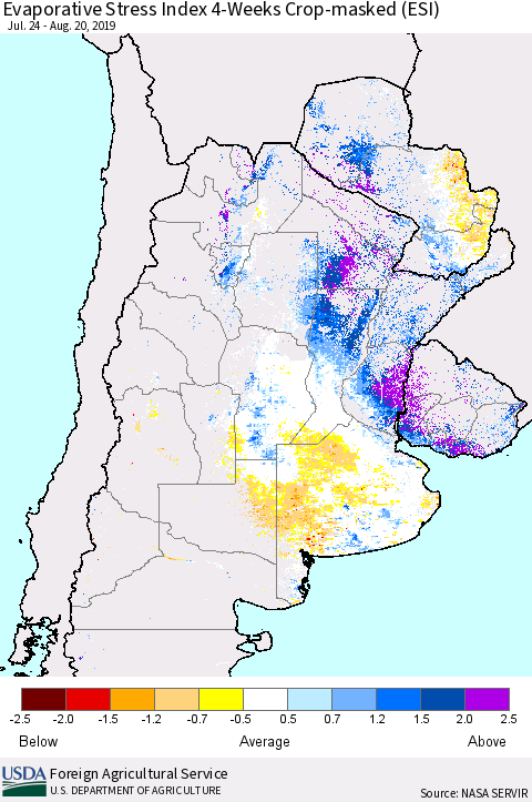 Southern South America Evaporative Stress Index (ESI), 4-Weeks over Croplands Thematic Map For 8/19/2019 - 8/25/2019