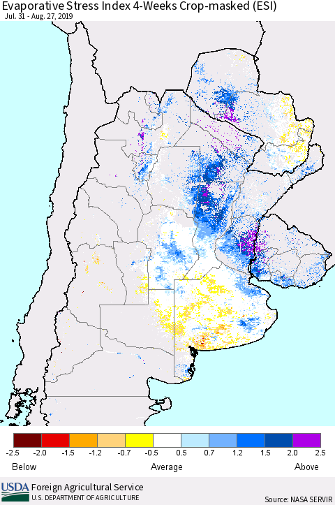 Southern South America Evaporative Stress Index (ESI), 4-Weeks over Croplands Thematic Map For 8/26/2019 - 9/1/2019