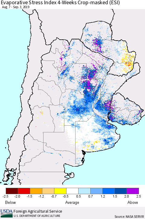 Southern South America Evaporative Stress Index (ESI), 4-Weeks over Croplands Thematic Map For 9/2/2019 - 9/8/2019
