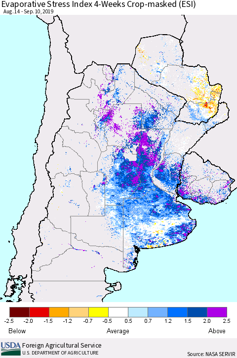 Southern South America Evaporative Stress Index (ESI), 4-Weeks over Croplands Thematic Map For 9/9/2019 - 9/15/2019