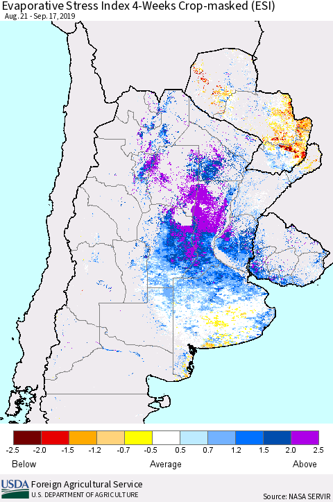 Southern South America Evaporative Stress Index (ESI), 4-Weeks over Croplands Thematic Map For 9/16/2019 - 9/22/2019