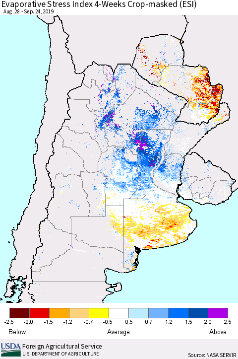 Southern South America Evaporative Stress Index (ESI), 4-Weeks over Croplands Thematic Map For 9/23/2019 - 9/29/2019
