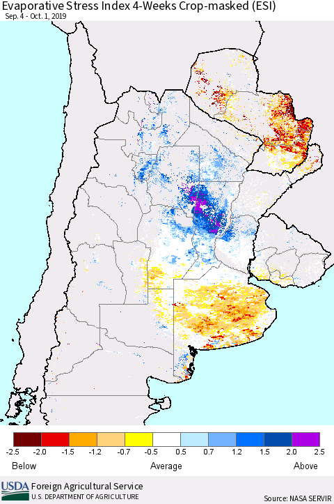 Southern South America Evaporative Stress Index (ESI), 4-Weeks over Croplands Thematic Map For 9/30/2019 - 10/6/2019