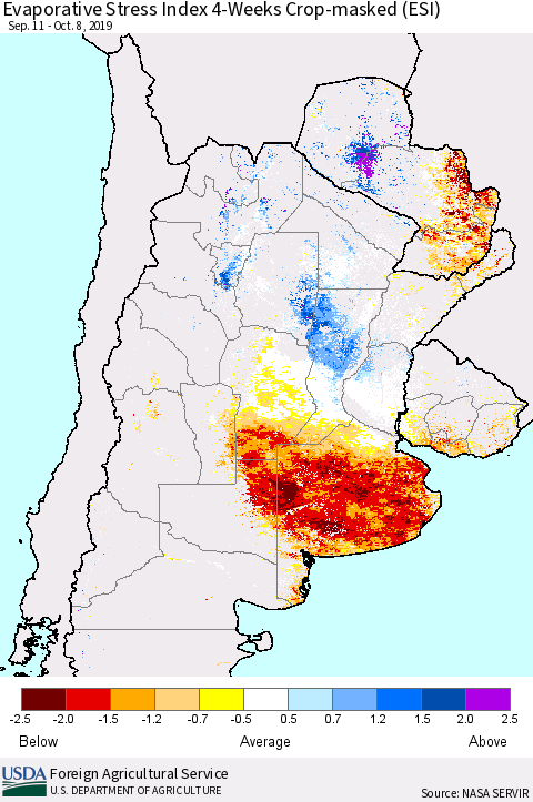 Southern South America Evaporative Stress Index (ESI), 4-Weeks over Croplands Thematic Map For 10/7/2019 - 10/13/2019