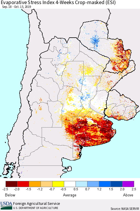 Southern South America Evaporative Stress Index (ESI), 4-Weeks over Croplands Thematic Map For 10/14/2019 - 10/20/2019