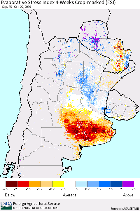 Southern South America Evaporative Stress Index (ESI), 4-Weeks over Croplands Thematic Map For 10/21/2019 - 10/27/2019