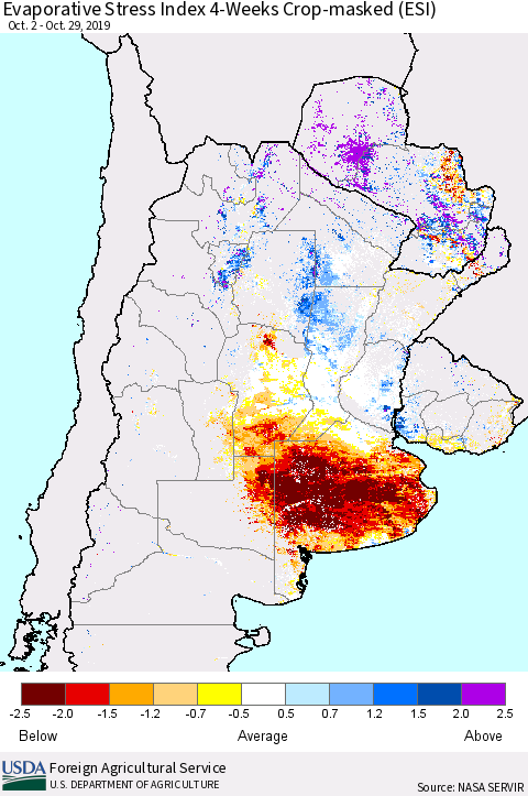 Southern South America Evaporative Stress Index (ESI), 4-Weeks over Croplands Thematic Map For 10/28/2019 - 11/3/2019