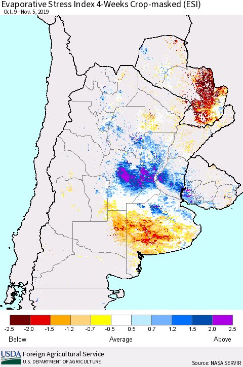 Southern South America Evaporative Stress Index (ESI), 4-Weeks over Croplands Thematic Map For 11/4/2019 - 11/10/2019