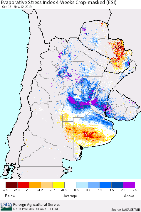Southern South America Evaporative Stress Index (ESI), 4-Weeks over Croplands Thematic Map For 11/11/2019 - 11/17/2019
