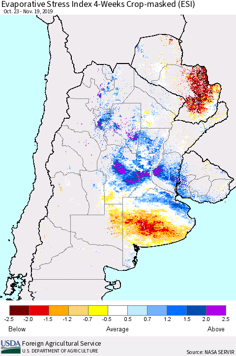 Southern South America Evaporative Stress Index (ESI), 4-Weeks over Croplands Thematic Map For 11/18/2019 - 11/24/2019