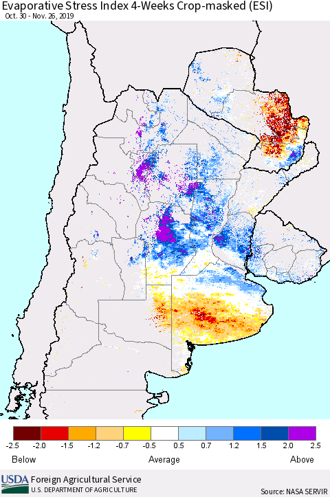 Southern South America Evaporative Stress Index (ESI), 4-Weeks over Croplands Thematic Map For 11/25/2019 - 12/1/2019