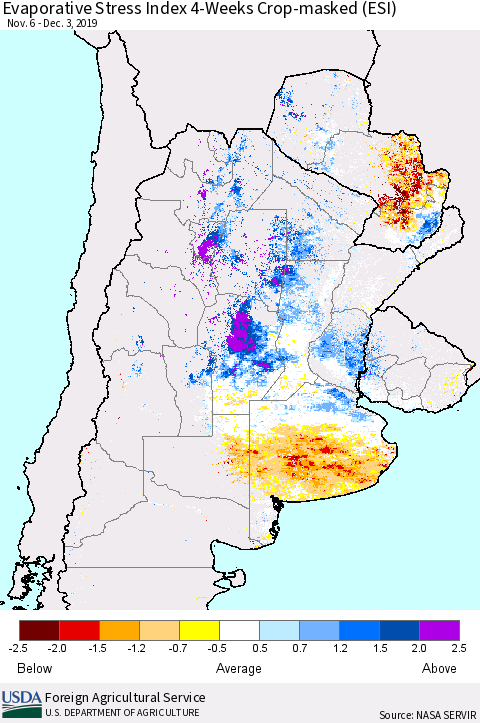 Southern South America Evaporative Stress Index (ESI), 4-Weeks over Croplands Thematic Map For 12/2/2019 - 12/8/2019