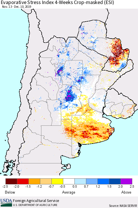 Southern South America Evaporative Stress Index (ESI), 4-Weeks over Croplands Thematic Map For 12/9/2019 - 12/15/2019