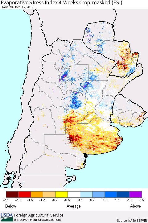 Southern South America Evaporative Stress Index (ESI), 4-Weeks over Croplands Thematic Map For 12/16/2019 - 12/22/2019