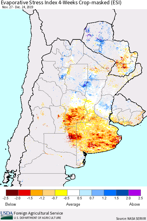 Southern South America Evaporative Stress Index (ESI), 4-Weeks over Croplands Thematic Map For 12/23/2019 - 12/29/2019