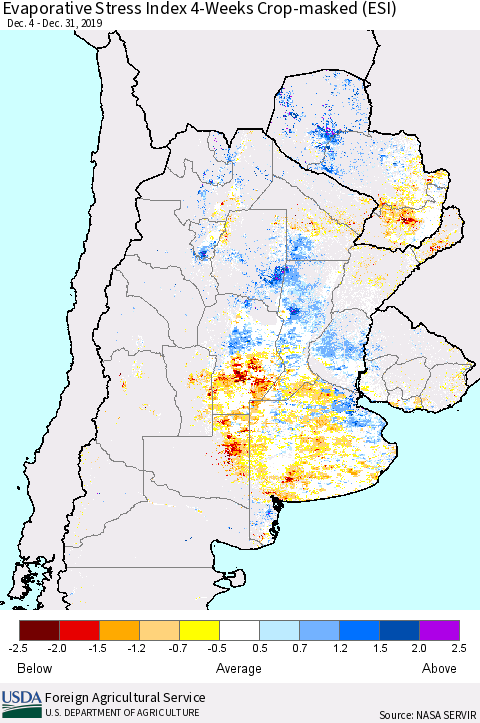 Southern South America Evaporative Stress Index (ESI), 4-Weeks over Croplands Thematic Map For 12/30/2019 - 1/5/2020