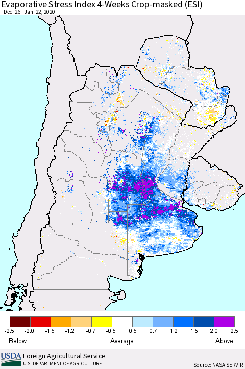 Southern South America Evaporative Stress Index (ESI), 4-Weeks over Croplands Thematic Map For 1/20/2020 - 1/26/2020