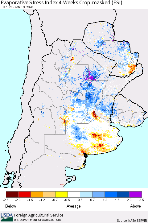 Southern South America Evaporative Stress Index (ESI), 4-Weeks over Croplands Thematic Map For 2/17/2020 - 2/23/2020
