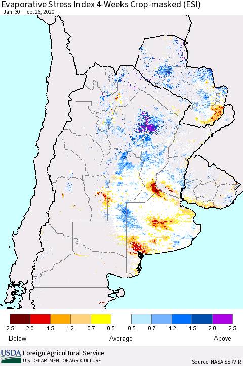Southern South America Evaporative Stress Index (ESI), 4-Weeks over Croplands Thematic Map For 2/24/2020 - 3/1/2020