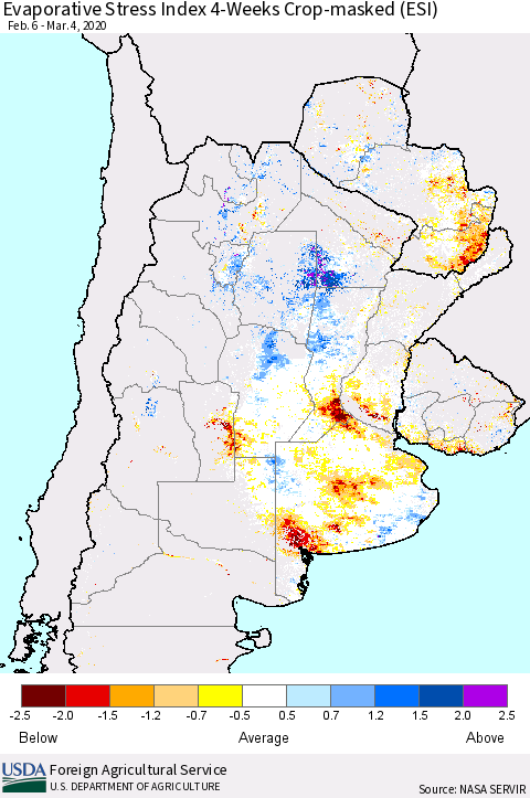 Southern South America Evaporative Stress Index (ESI), 4-Weeks over Croplands Thematic Map For 3/2/2020 - 3/8/2020