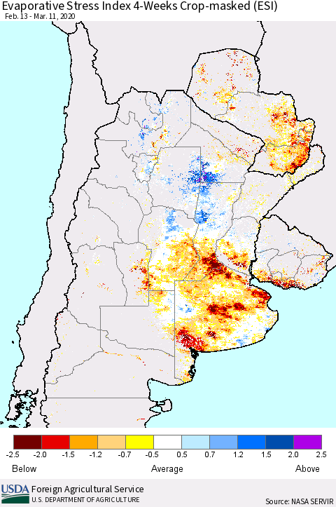 Southern South America Evaporative Stress Index (ESI), 4-Weeks over Croplands Thematic Map For 3/9/2020 - 3/15/2020