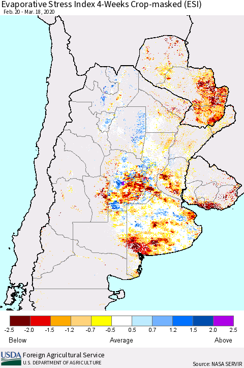 Southern South America Evaporative Stress Index (ESI), 4-Weeks over Croplands Thematic Map For 3/16/2020 - 3/22/2020