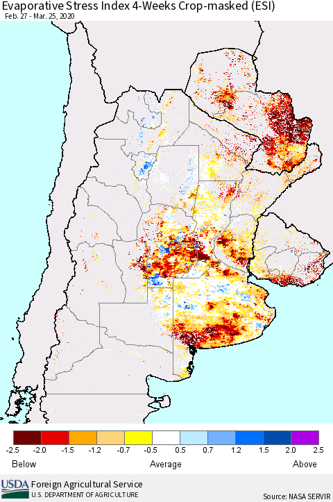 Southern South America Evaporative Stress Index (ESI), 4-Weeks over Croplands Thematic Map For 3/23/2020 - 3/29/2020