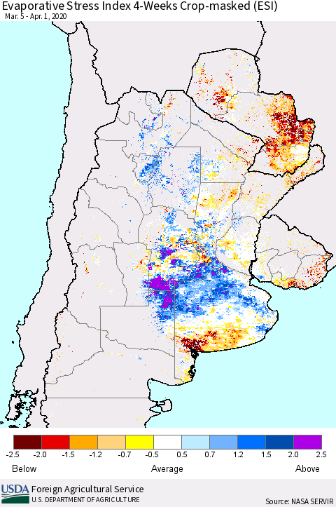 Southern South America Evaporative Stress Index (ESI), 4-Weeks over Croplands Thematic Map For 3/30/2020 - 4/5/2020