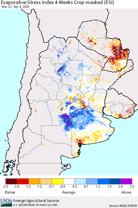 Southern South America Evaporative Stress Index (ESI), 4-Weeks over Croplands Thematic Map For 4/6/2020 - 4/12/2020