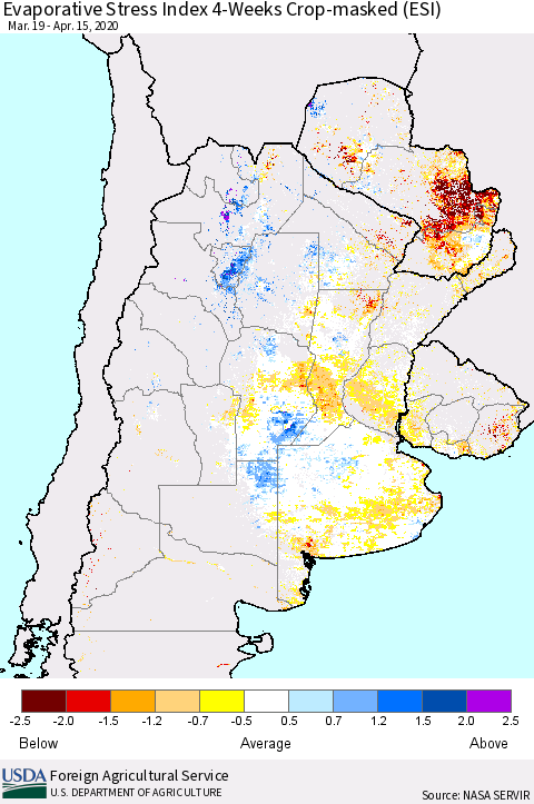 Southern South America Evaporative Stress Index (ESI), 4-Weeks over Croplands Thematic Map For 4/13/2020 - 4/19/2020