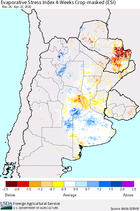 Southern South America Evaporative Stress Index (ESI), 4-Weeks over Croplands Thematic Map For 4/20/2020 - 4/26/2020