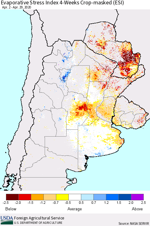 Southern South America Evaporative Stress Index (ESI), 4-Weeks over Croplands Thematic Map For 4/27/2020 - 5/3/2020