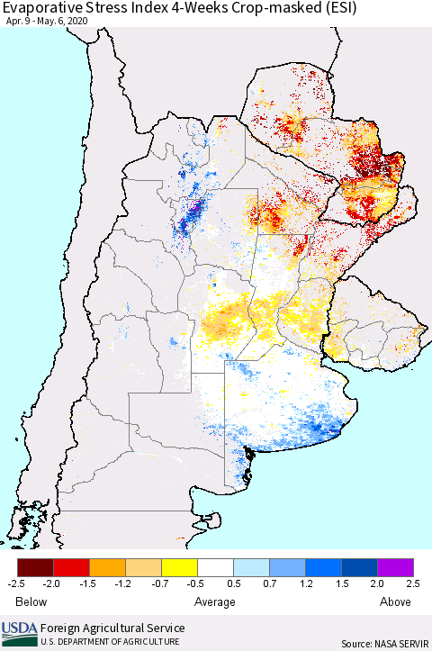Southern South America Evaporative Stress Index (ESI), 4-Weeks over Croplands Thematic Map For 5/4/2020 - 5/10/2020