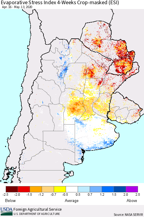 Southern South America Evaporative Stress Index (ESI), 4-Weeks over Croplands Thematic Map For 5/11/2020 - 5/17/2020
