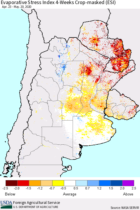Southern South America Evaporative Stress Index (ESI), 4-Weeks over Croplands Thematic Map For 5/18/2020 - 5/24/2020