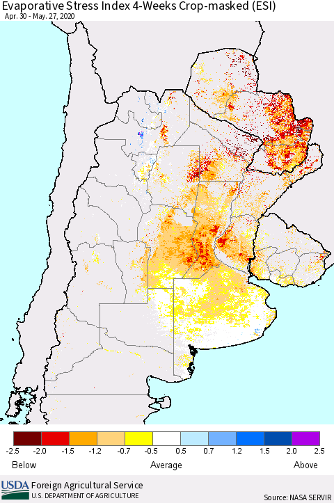 Southern South America Evaporative Stress Index (ESI), 4-Weeks over Croplands Thematic Map For 5/25/2020 - 5/31/2020