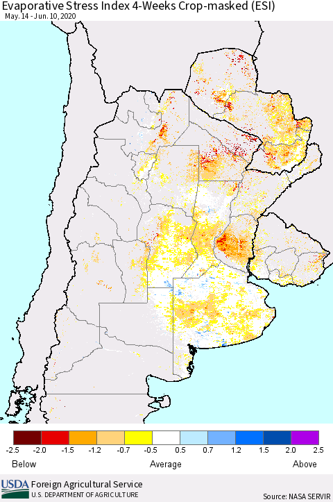 Southern South America Evaporative Stress Index (ESI), 4-Weeks over Croplands Thematic Map For 6/8/2020 - 6/14/2020
