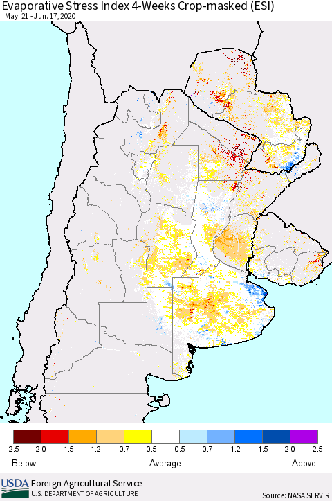 Southern South America Evaporative Stress Index (ESI), 4-Weeks over Croplands Thematic Map For 6/15/2020 - 6/21/2020