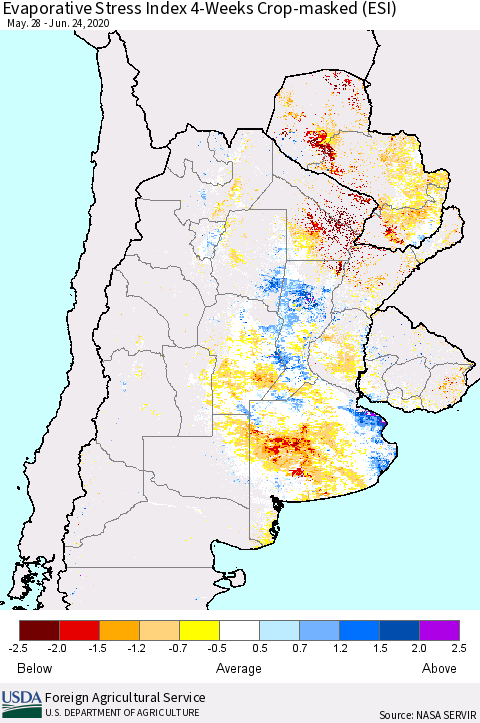 Southern South America Evaporative Stress Index (ESI), 4-Weeks over Croplands Thematic Map For 6/22/2020 - 6/28/2020