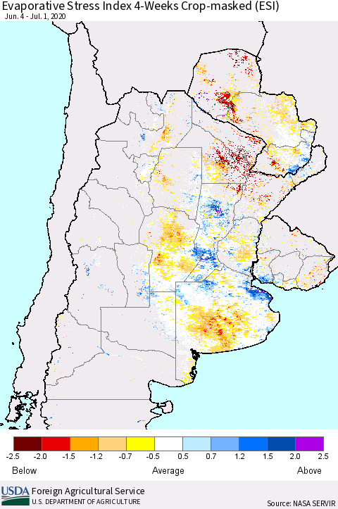 Southern South America Evaporative Stress Index (ESI), 4-Weeks over Croplands Thematic Map For 6/29/2020 - 7/5/2020
