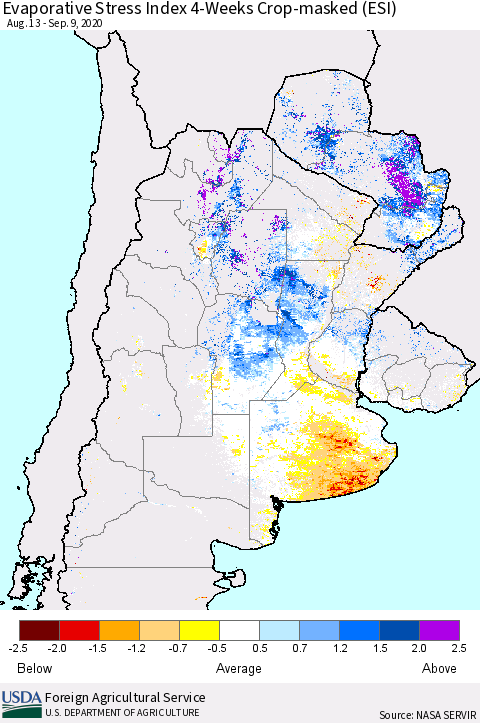 Southern South America Evaporative Stress Index (ESI), 4-Weeks over Croplands Thematic Map For 9/7/2020 - 9/13/2020