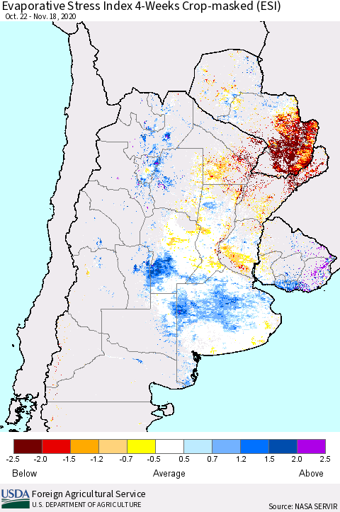 Southern South America Evaporative Stress Index (ESI), 4-Weeks over Croplands Thematic Map For 11/16/2020 - 11/22/2020