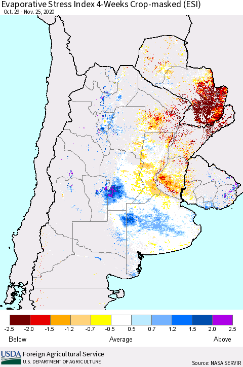 Southern South America Evaporative Stress Index (ESI), 4-Weeks over Croplands Thematic Map For 11/23/2020 - 11/29/2020