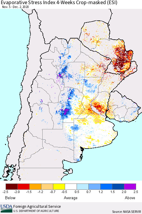 Southern South America Evaporative Stress Index (ESI), 4-Weeks over Croplands Thematic Map For 11/30/2020 - 12/6/2020